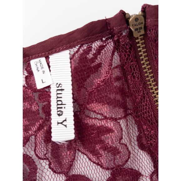 VTG Sheer Lace Blouse Cap Sleeve Maroon LARGE Ruffle Y2K Coquette Fairy - Picture 7 of 8